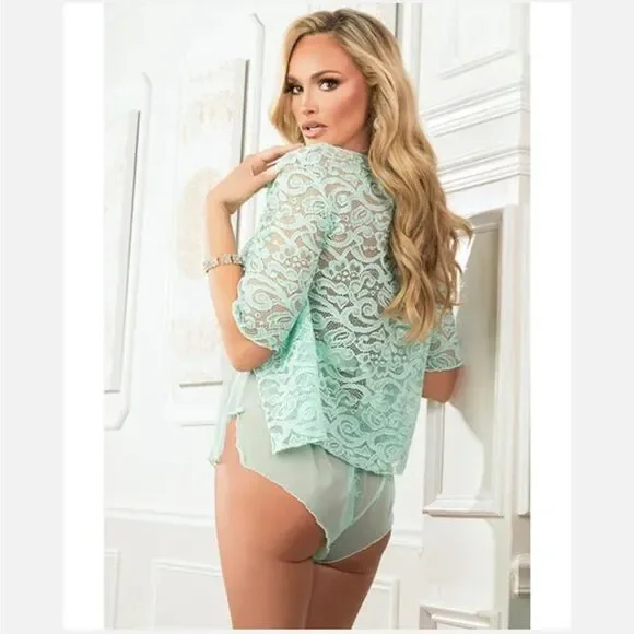 2 Pc Romper With Open Crotch Snaps and Lace Robe - One Size - Mint